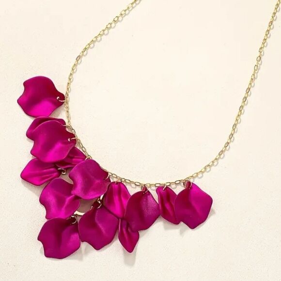 Elegant Fuchsia Petal Necklace 14K Gold Plated Chain - Picture 4 of 5